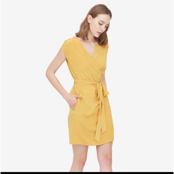 LILYSILK Silk Wrap Dress Sun Yellow Side Pockets Cap Sleeve Size M - Picture 2 of 15